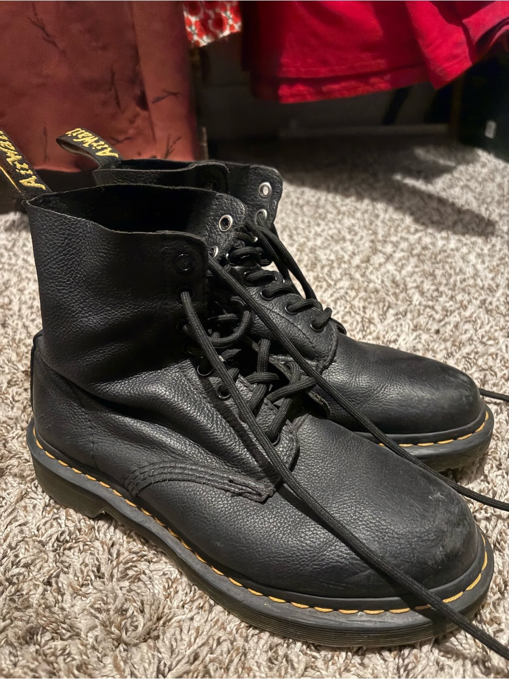 Dr. Martens Black Leather 6-Eye Lace-Up Boots with Yellow Welt Stitching